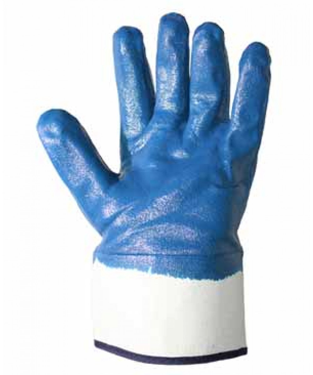Knitted gloves with nitrile coating and stiff cuff blue