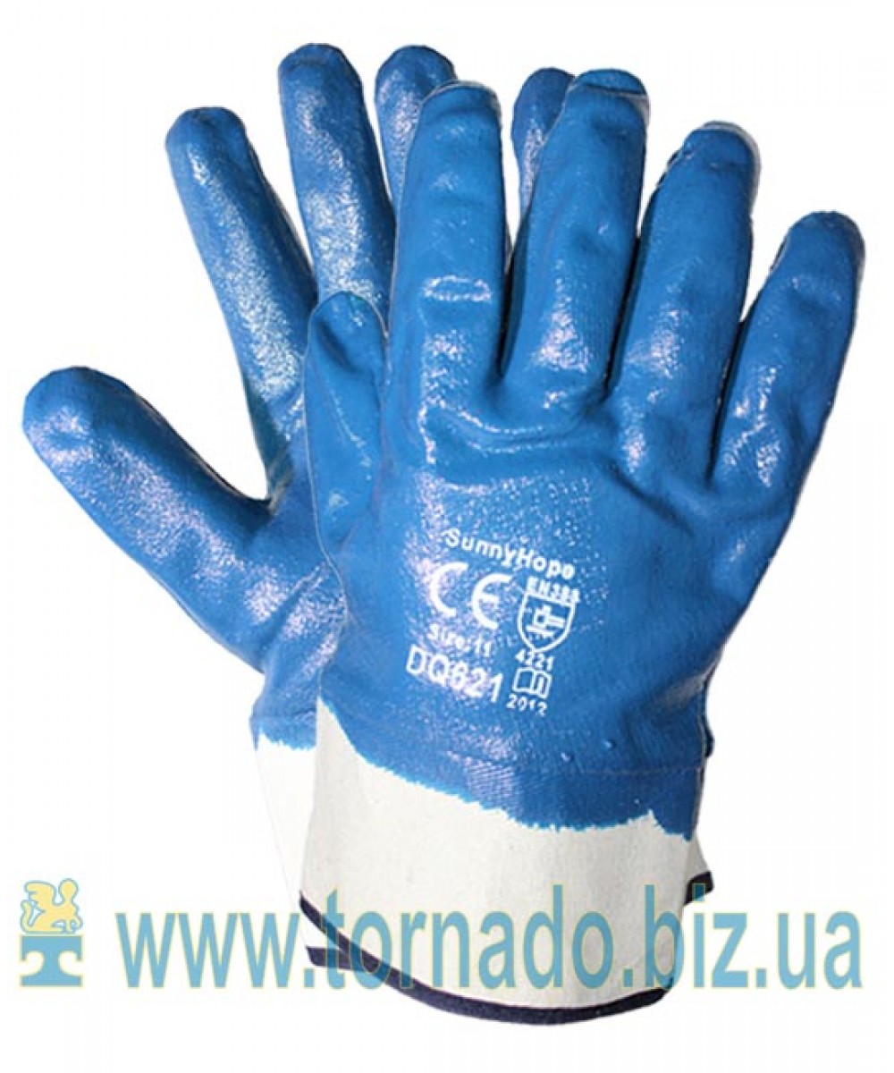 Knitted gloves with nitrile coating and stiff cuff blue